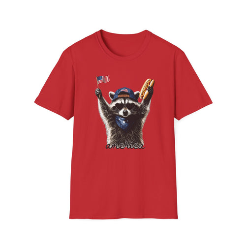 Patriotic Raccoon T-Shirt — Cute USA Flag & Hot Dog Graphic for 4th of July