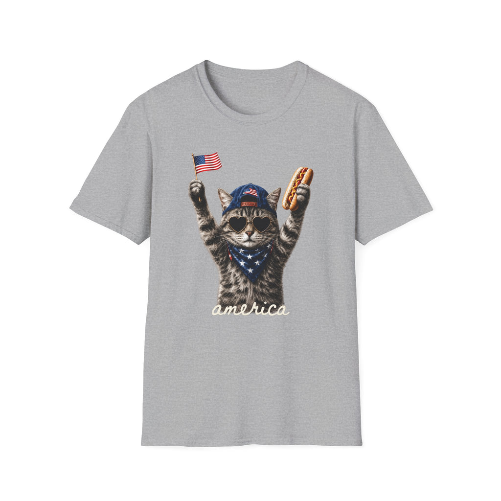 America Cat T-Shirt – Patriotic Kitty with Flag & Hot Dog