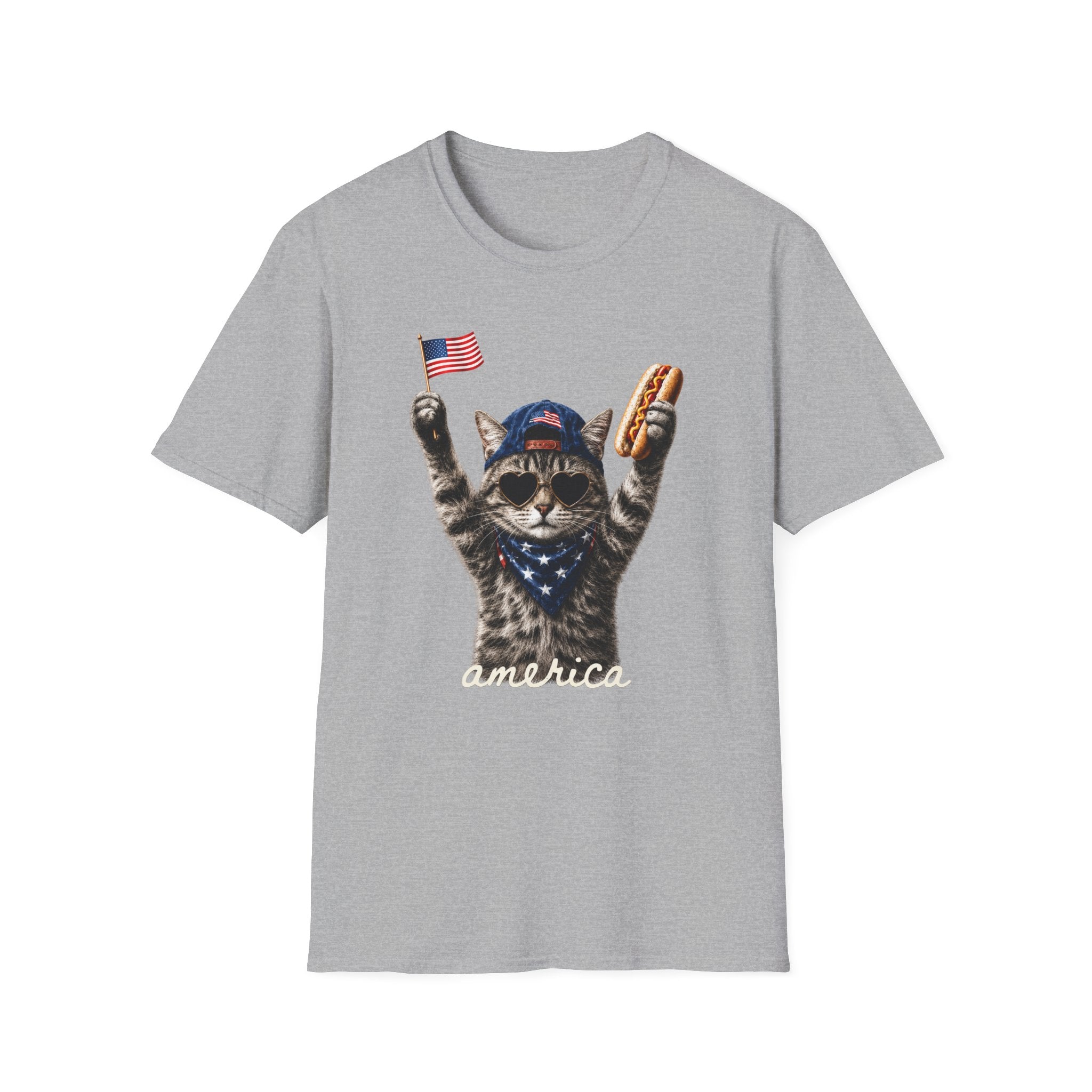 America Cat T-Shirt – Patriotic Kitty with Flag & Hot Dog