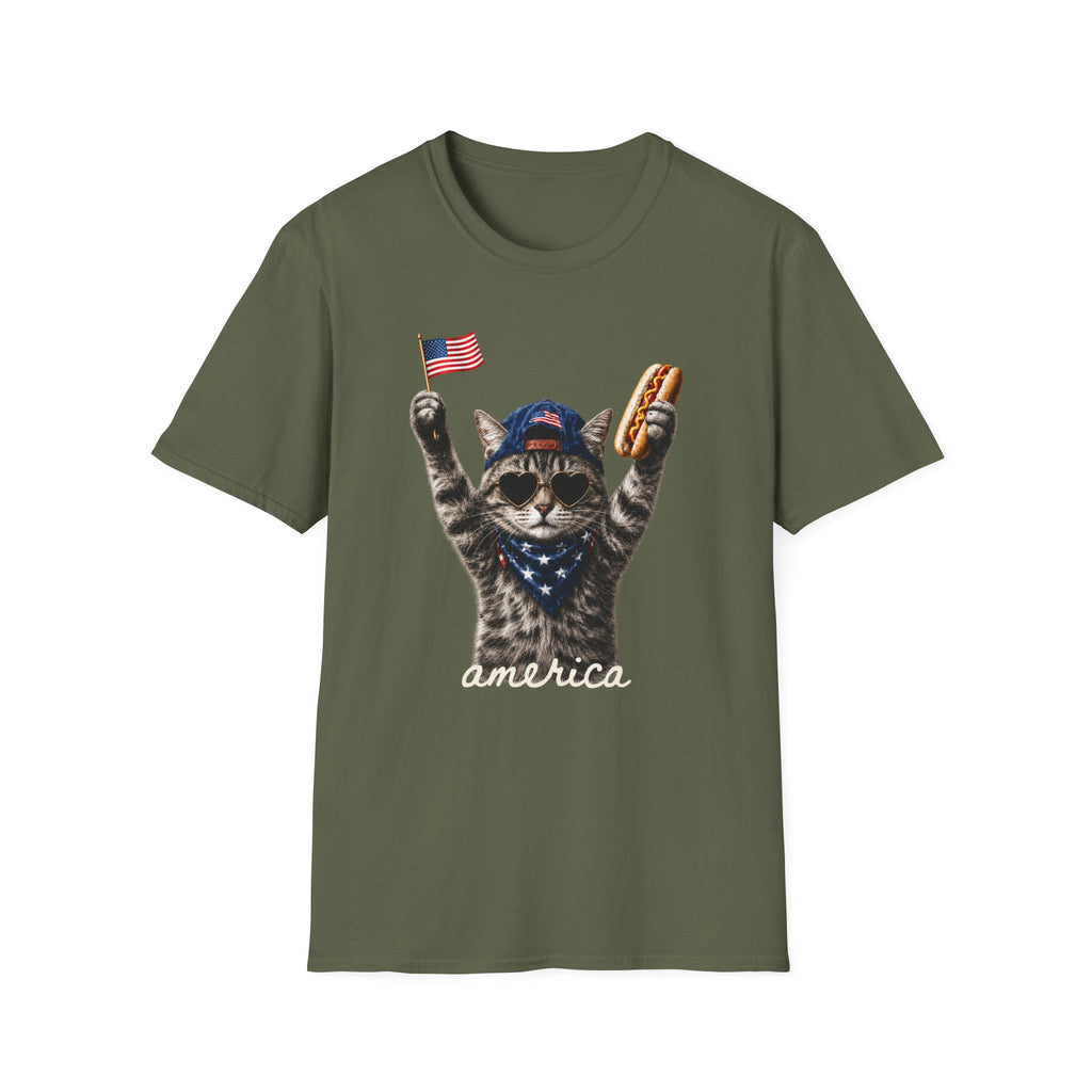 America Cat T-Shirt – Patriotic Kitty with Flag & Hot Dog