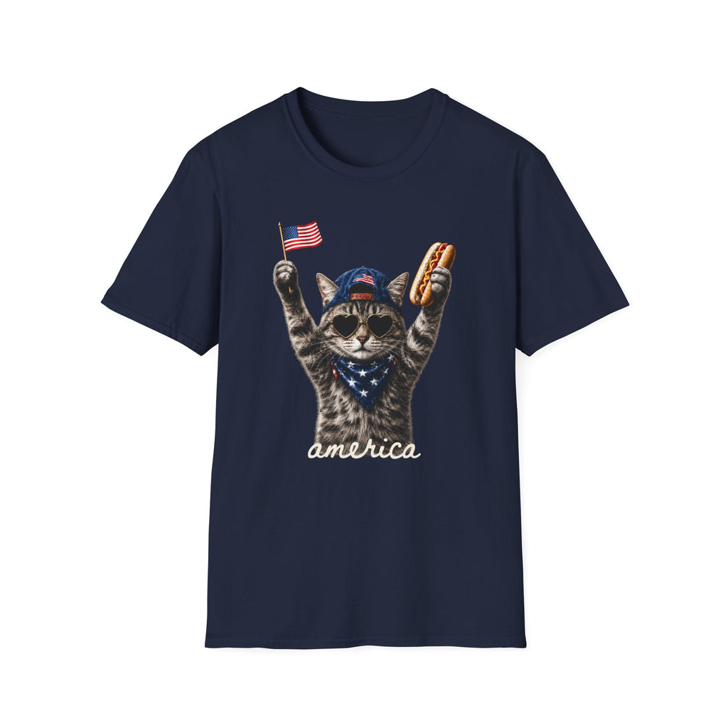 America Cat T-Shirt – Patriotic Kitty with Flag & Hot Dog