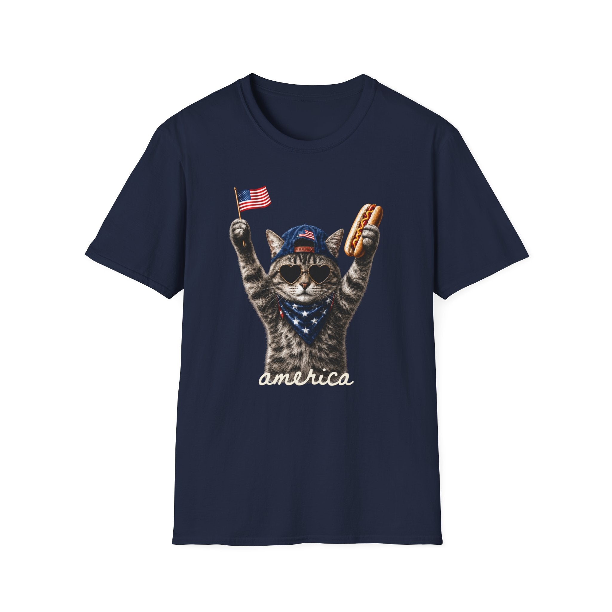 America Cat T-Shirt – Patriotic Kitty with Flag & Hot Dog