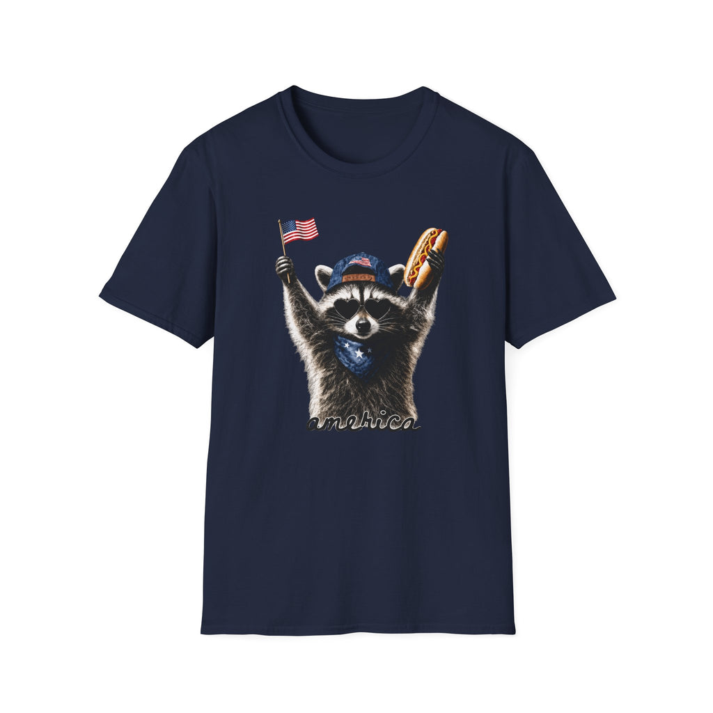 Patriotic Raccoon T-Shirt — Cute USA Flag & Hot Dog Graphic for 4th of July