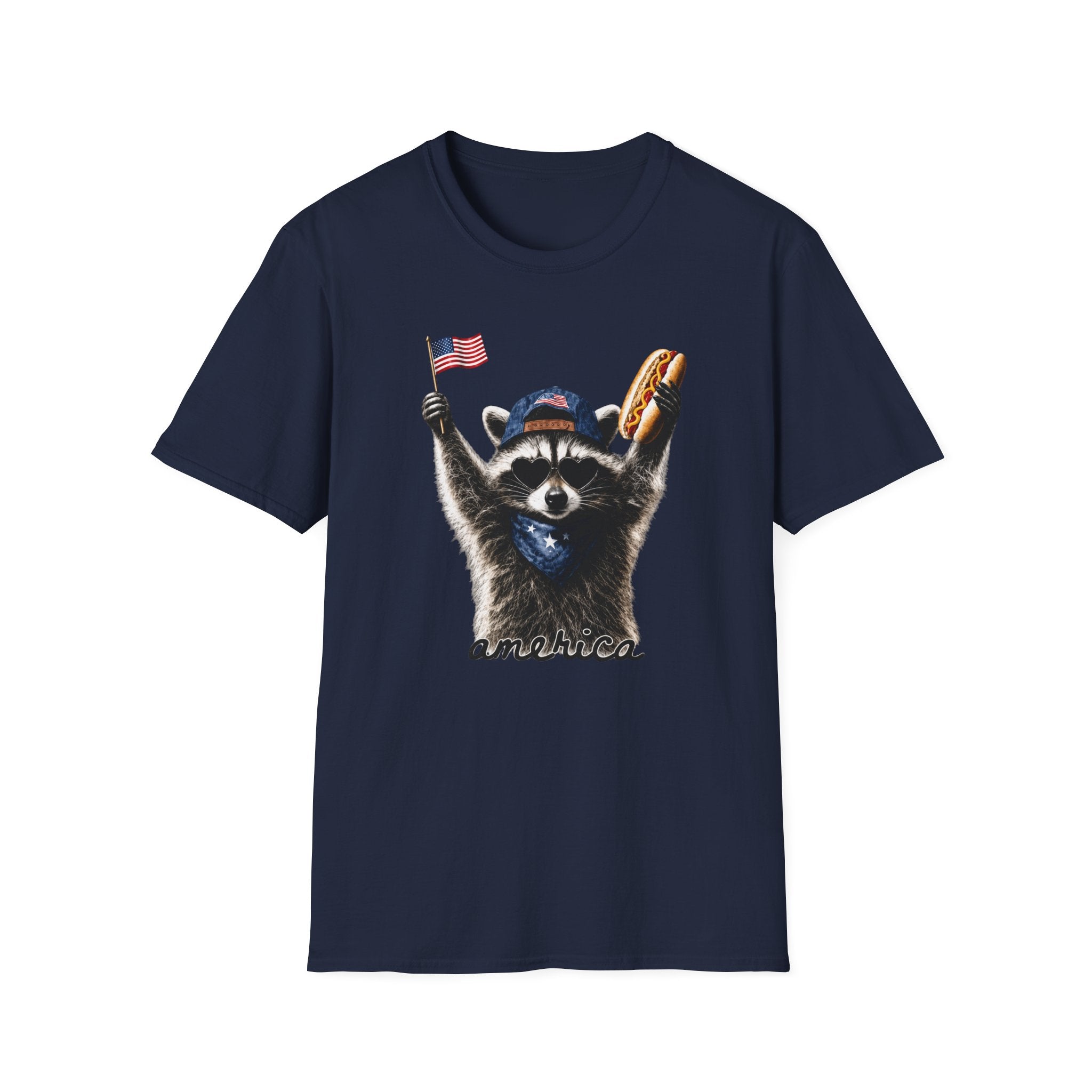 Patriotic Raccoon T-Shirt — Cute USA Flag & Hot Dog Graphic for 4th of July