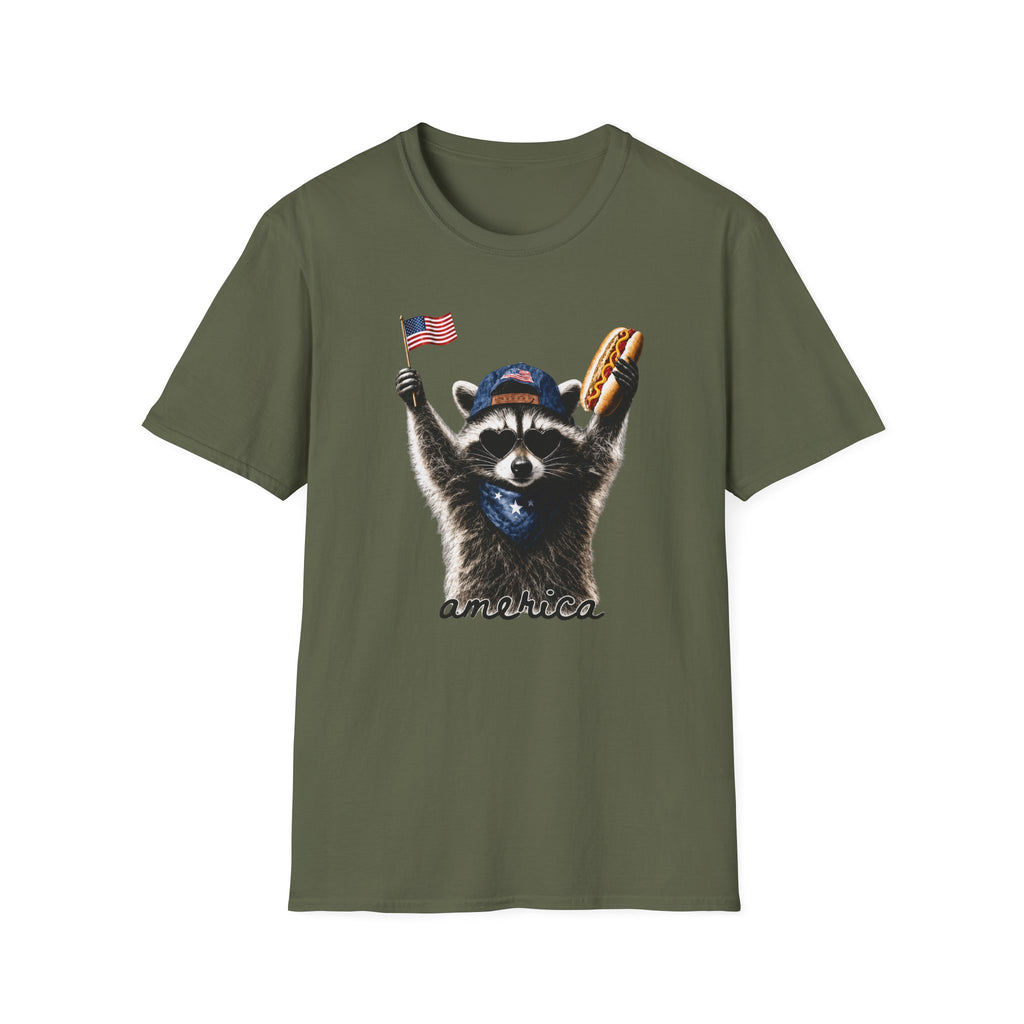 Patriotic Raccoon T-Shirt — Cute USA Flag & Hot Dog Graphic for 4th of July