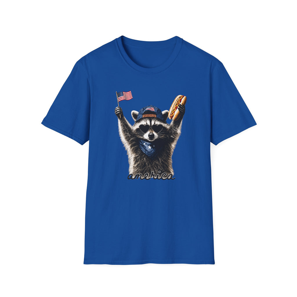 Patriotic Raccoon T-Shirt — Cute USA Flag & Hot Dog Graphic for 4th of July