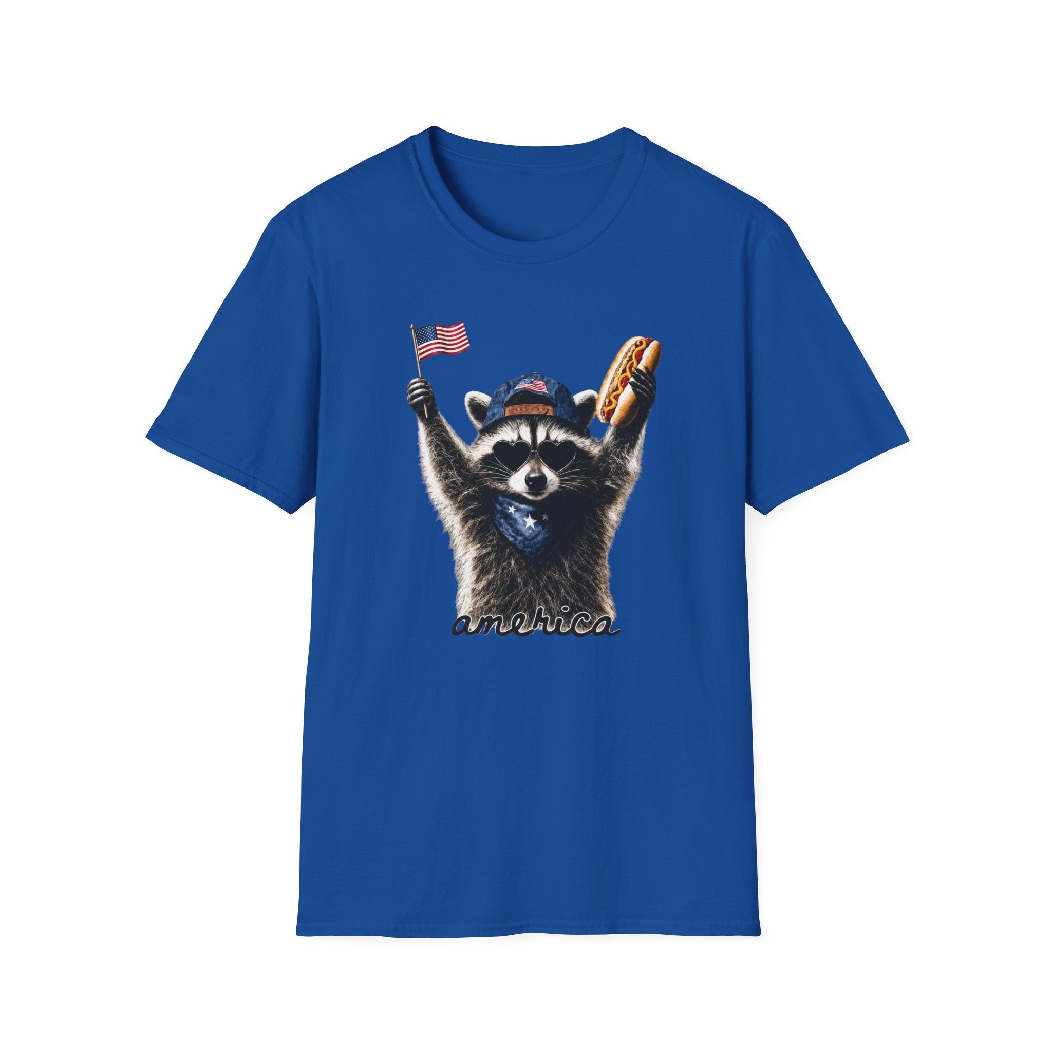 Patriotic Raccoon T-Shirt — Cute USA Flag & Hot Dog Graphic for 4th of July
