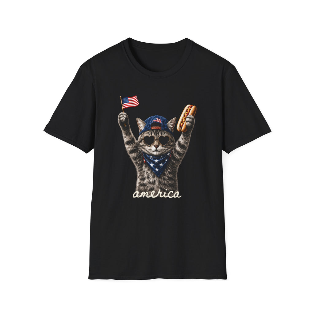 America Cat T-Shirt – Patriotic Kitty with Flag & Hot Dog