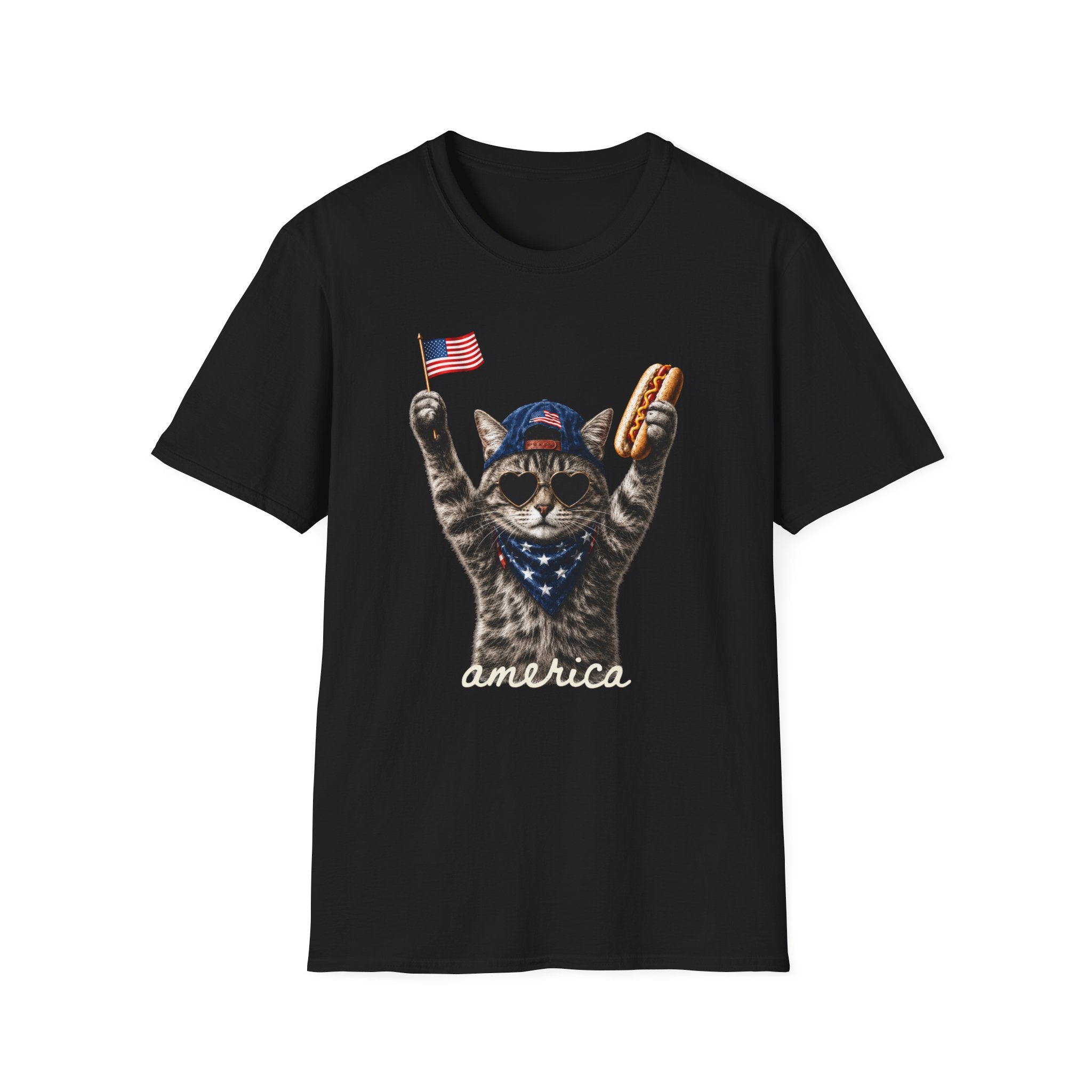 America Cat T-Shirt – Patriotic Kitty with Flag & Hot Dog