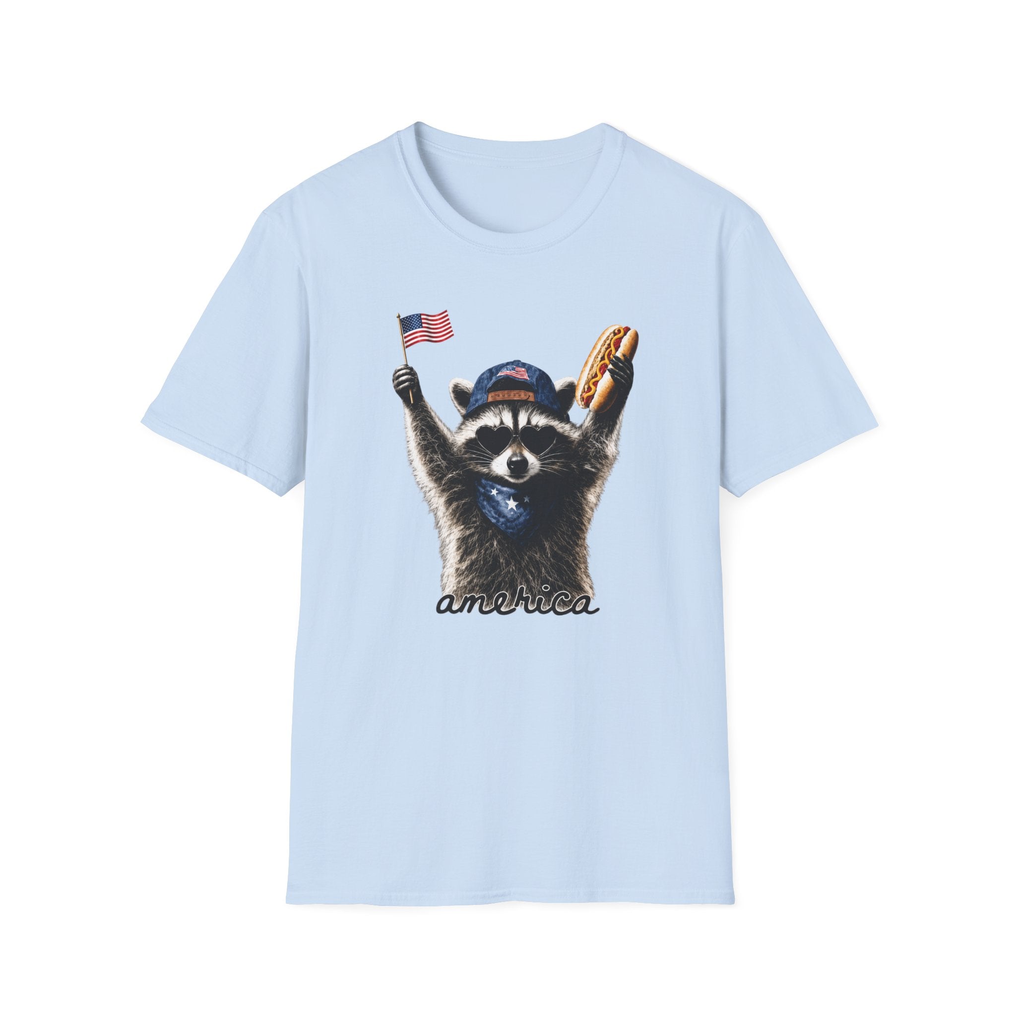 Patriotic Raccoon T-Shirt — Cute USA Flag & Hot Dog Graphic for 4th of July