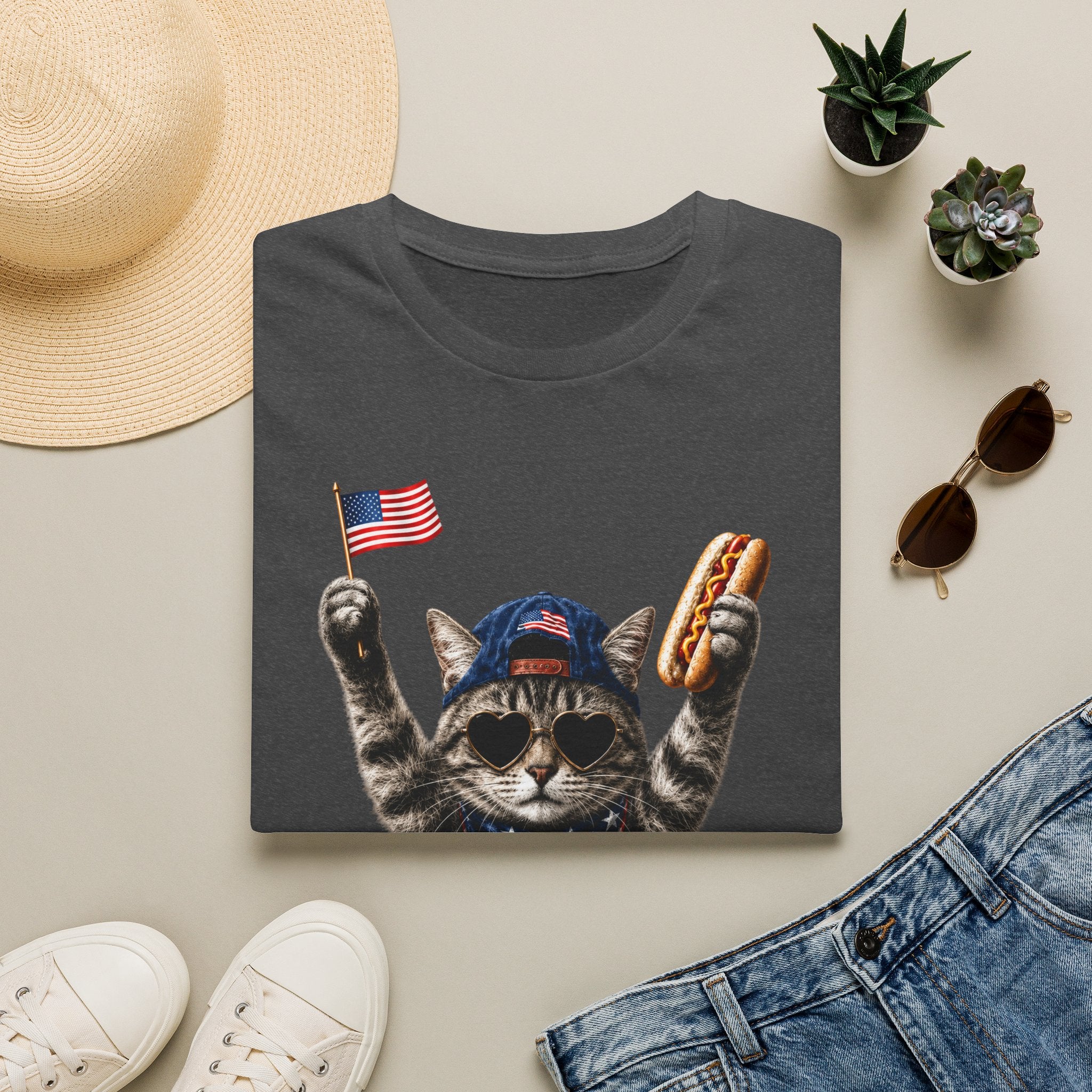America Cat T-Shirt – Patriotic Kitty with Flag & Hot Dog