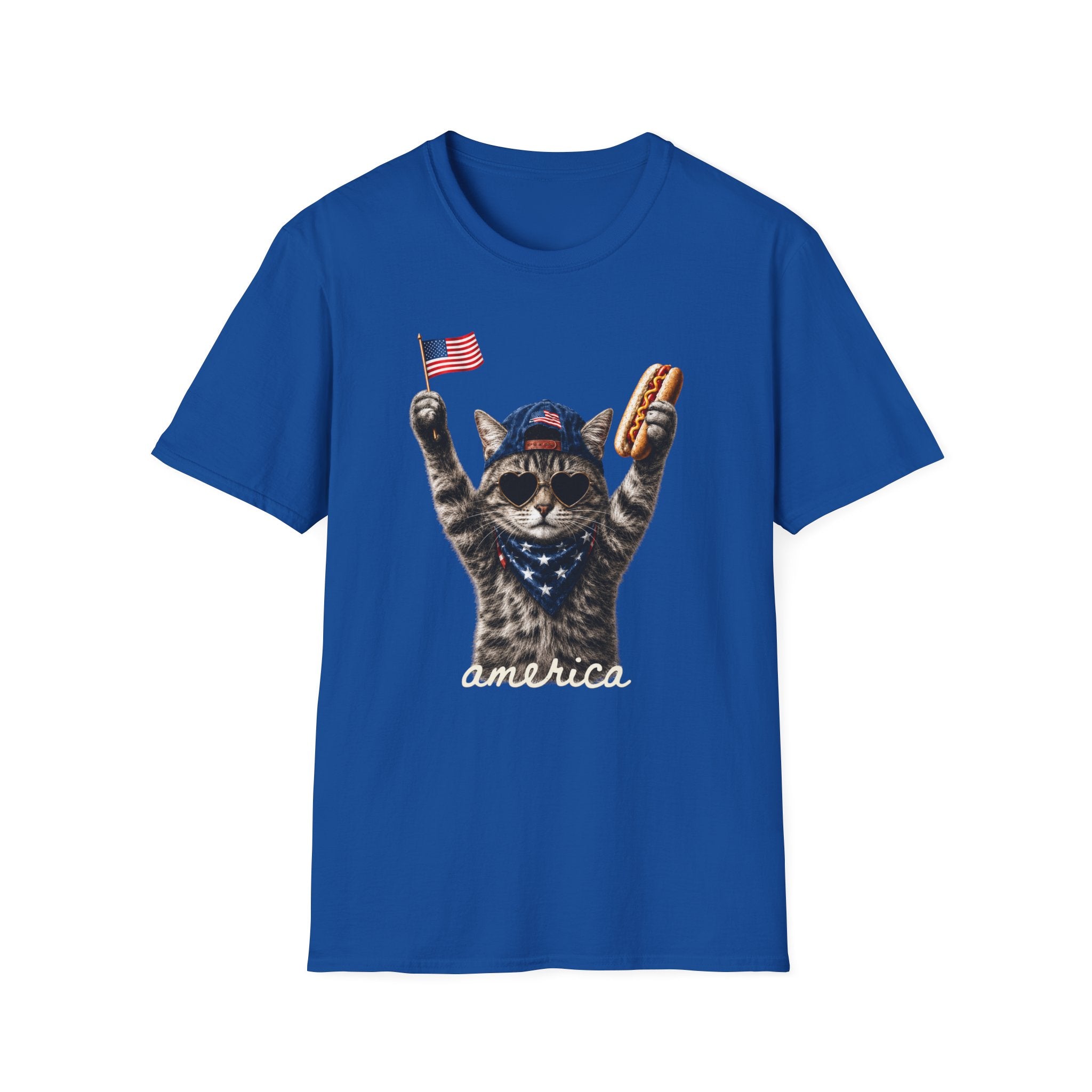 America Cat T-Shirt – Patriotic Kitty with Flag & Hot Dog