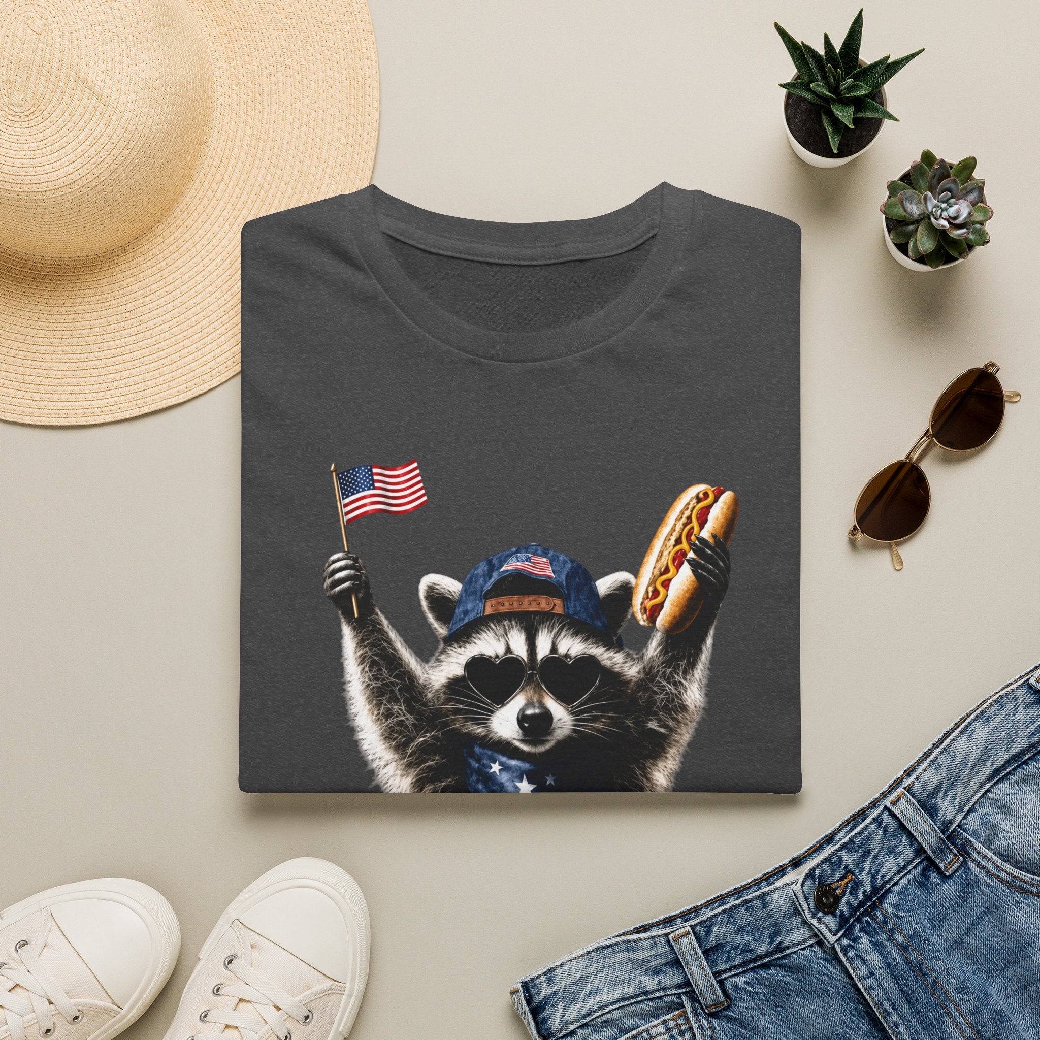 Patriotic Raccoon T-Shirt — Cute USA Flag & Hot Dog Graphic for 4th of July