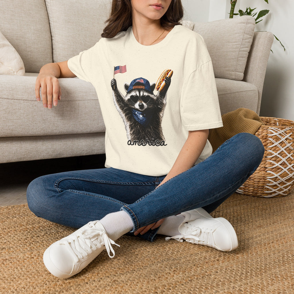 Patriotic Raccoon T-Shirt — Cute USA Flag & Hot Dog Graphic for 4th of July