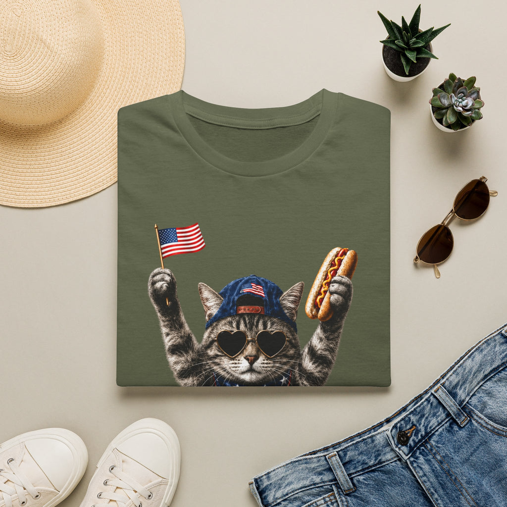 America Cat T-Shirt – Patriotic Kitty with Flag & Hot Dog
