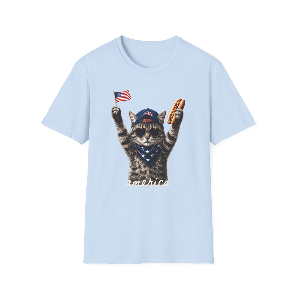 America Cat T-Shirt – Patriotic Kitty with Flag & Hot Dog