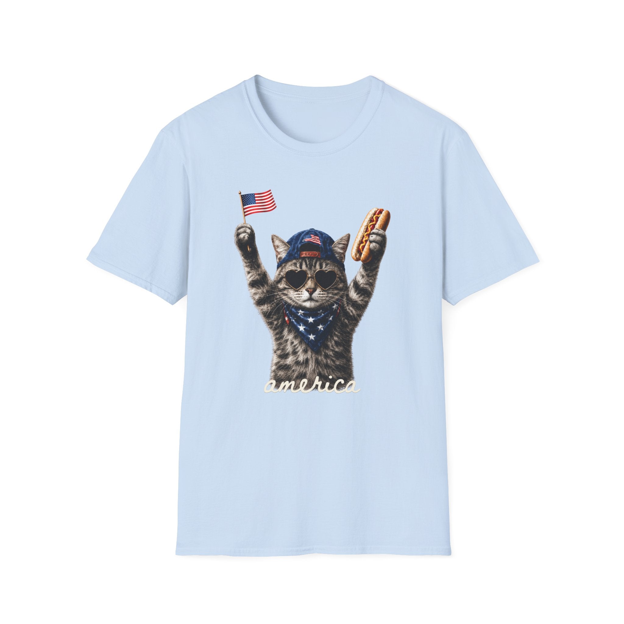 America Cat T-Shirt – Patriotic Kitty with Flag & Hot Dog