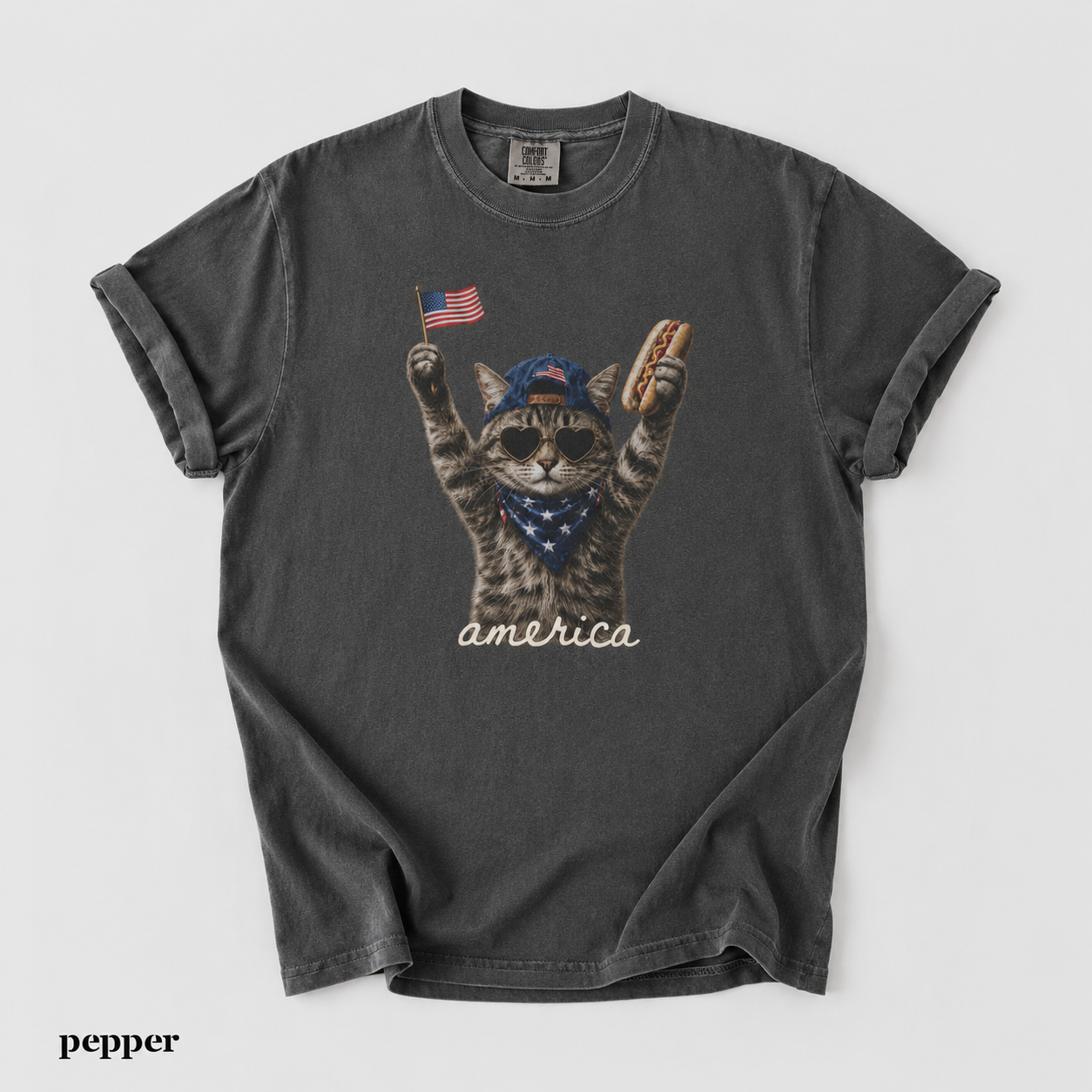 America Cat T-Shirt – Patriotic Kitty with Flag & Hot Dog