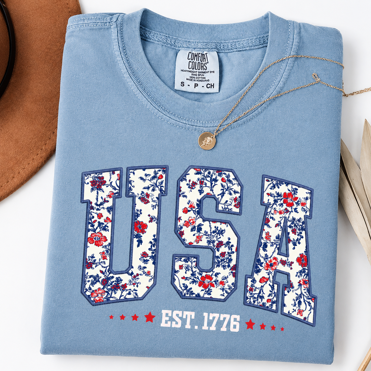 USA Floral T-Shirt — Patriotic Fourth of July Tee
