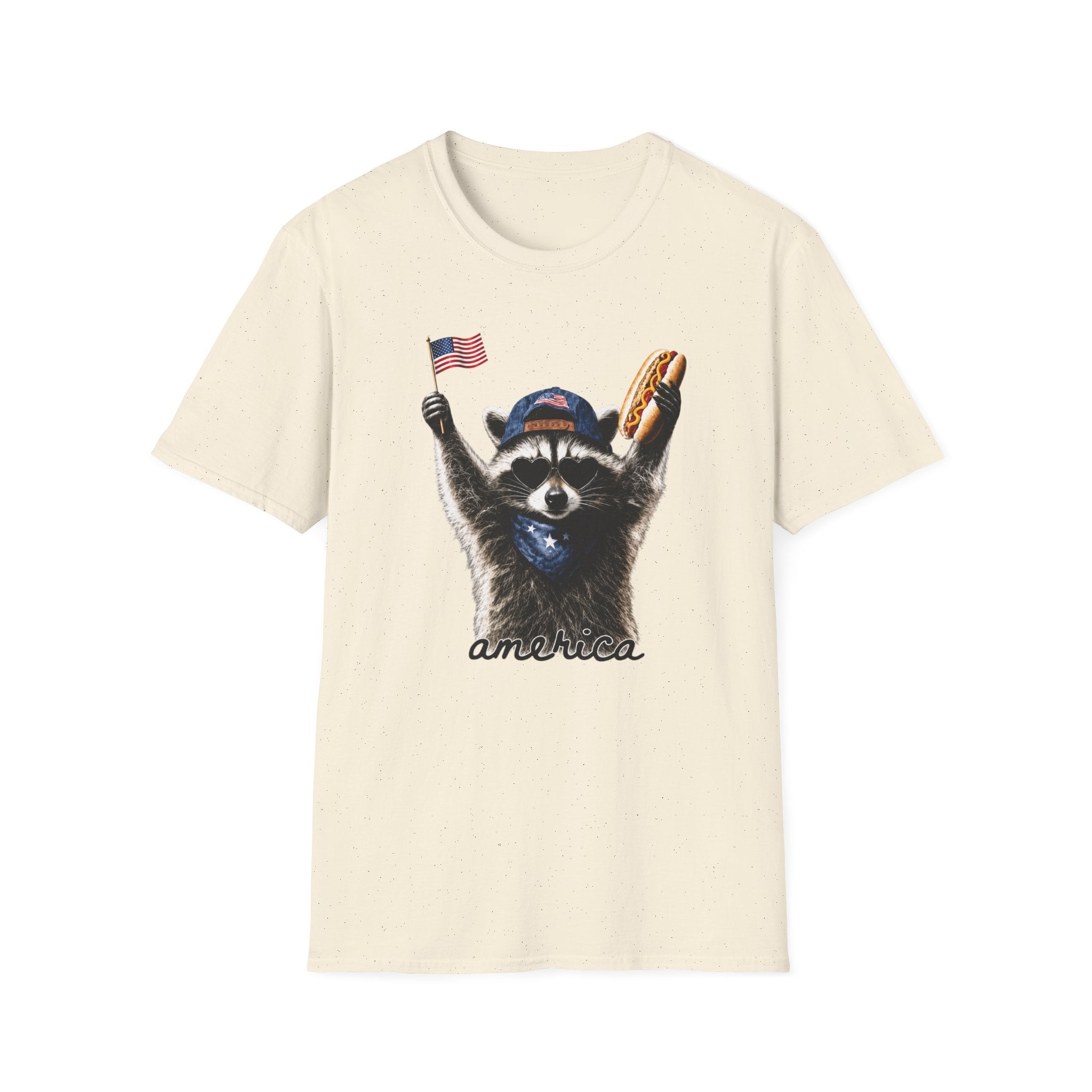 Patriotic Raccoon T-Shirt — Cute USA Flag & Hot Dog Graphic for 4th of July