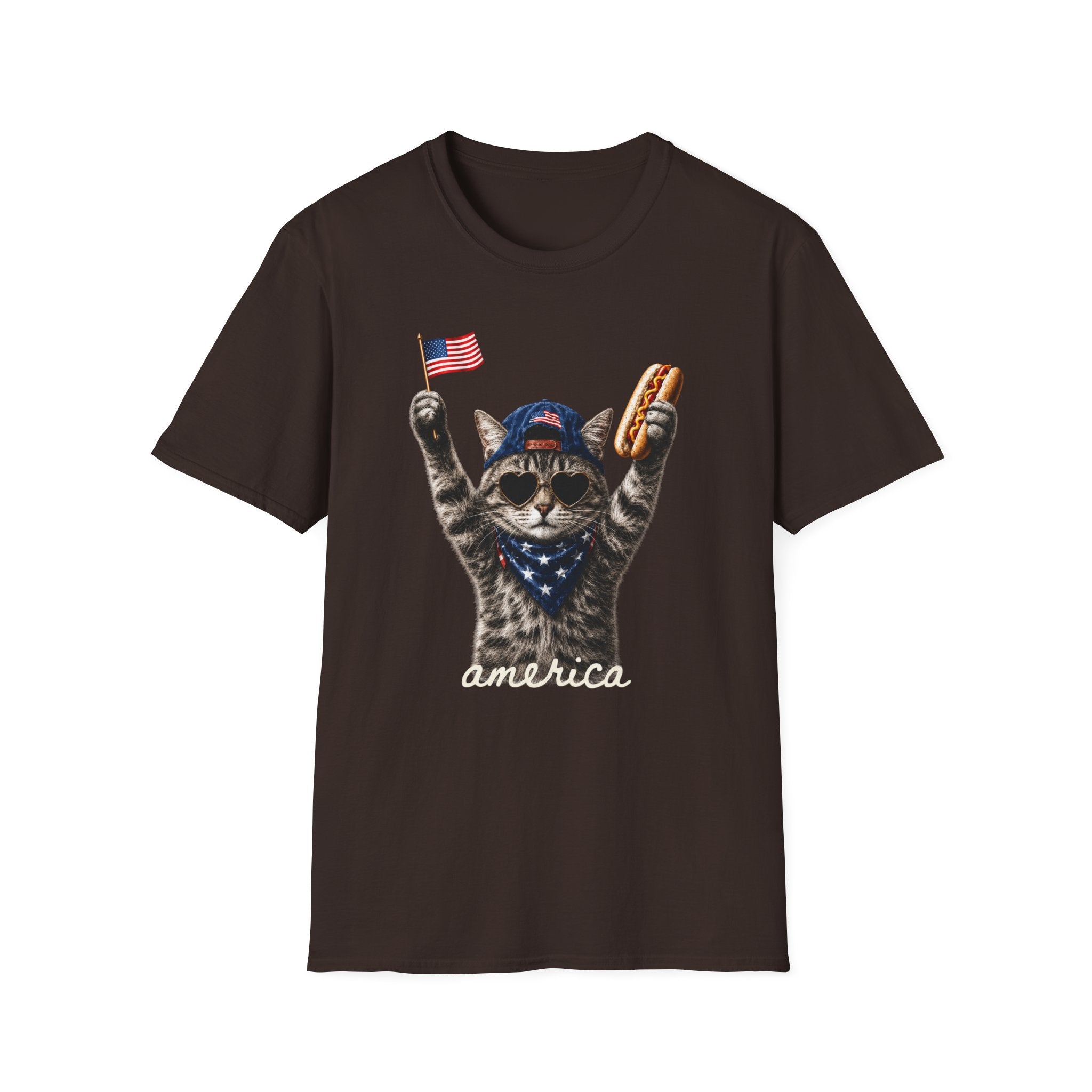 America Cat T-Shirt – Patriotic Kitty with Flag & Hot Dog