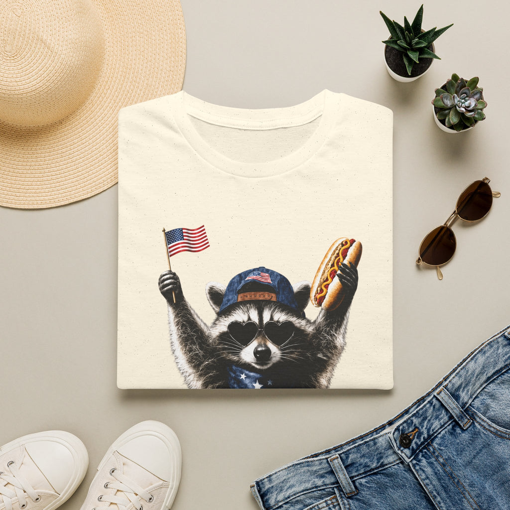 Patriotic Raccoon T-Shirt — Cute USA Flag & Hot Dog Graphic for 4th of July
