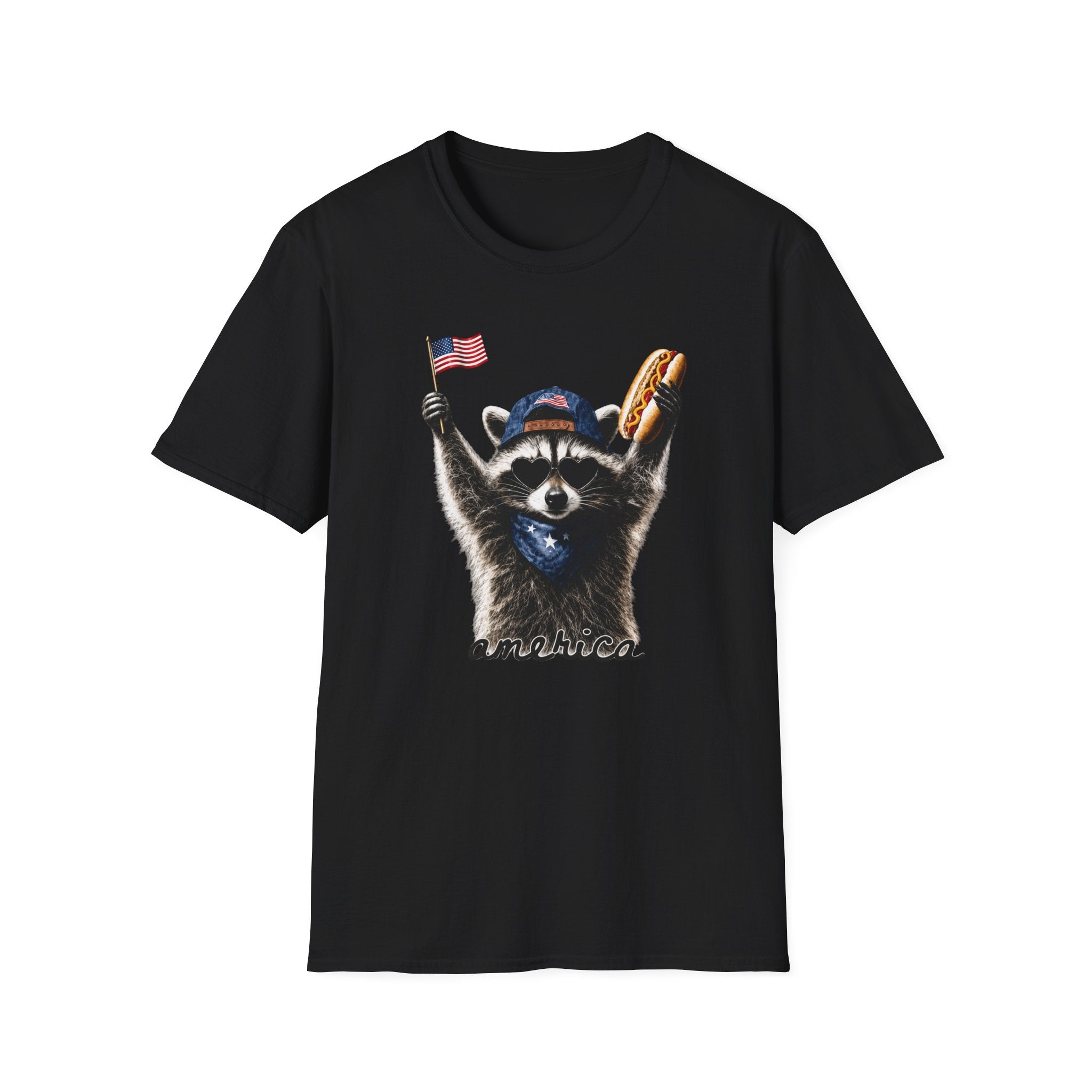 Patriotic Raccoon T-Shirt — Cute USA Flag & Hot Dog Graphic for 4th of July