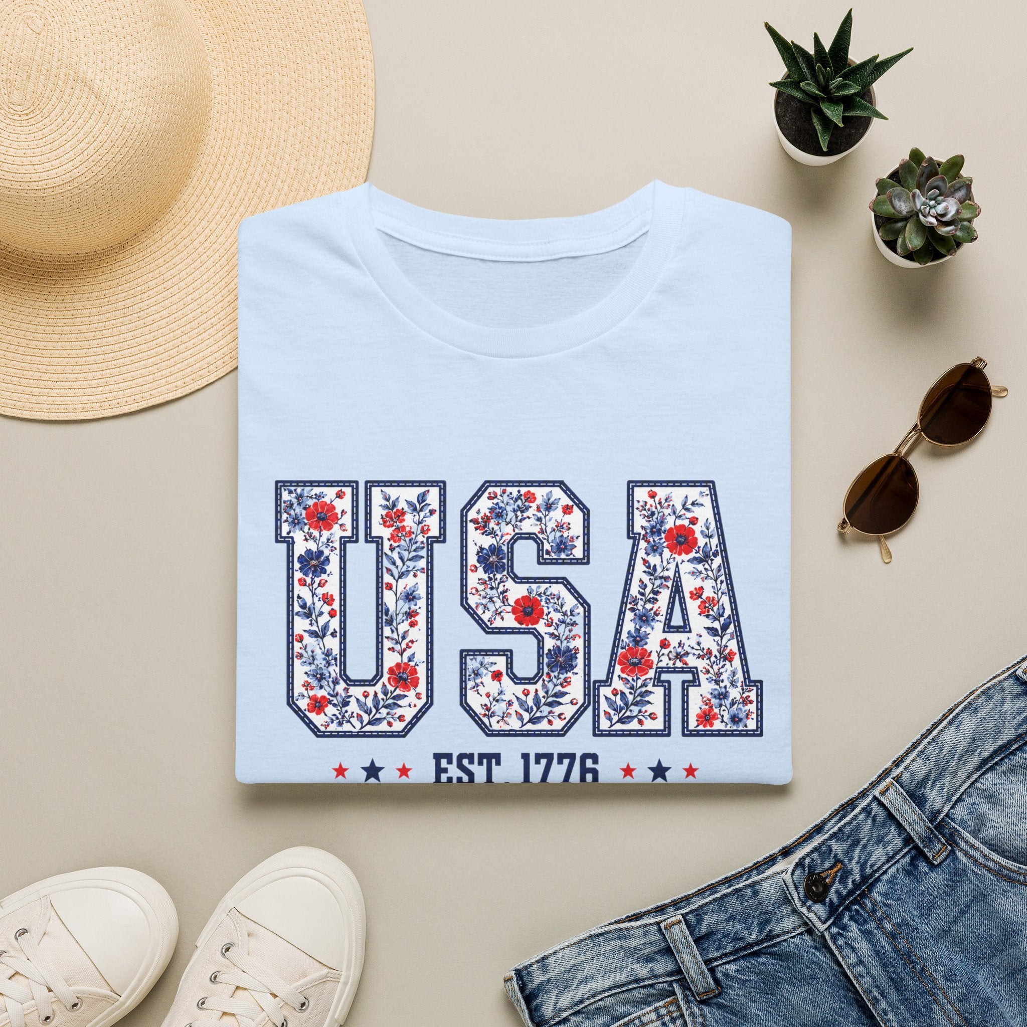 USA Floral T-Shirt — Patriotic Fourth of July Tee