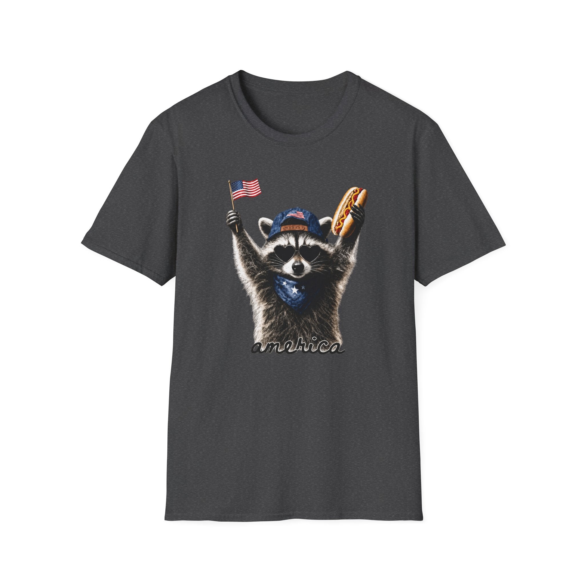 Patriotic Raccoon T-Shirt — Cute USA Flag & Hot Dog Graphic for 4th of July