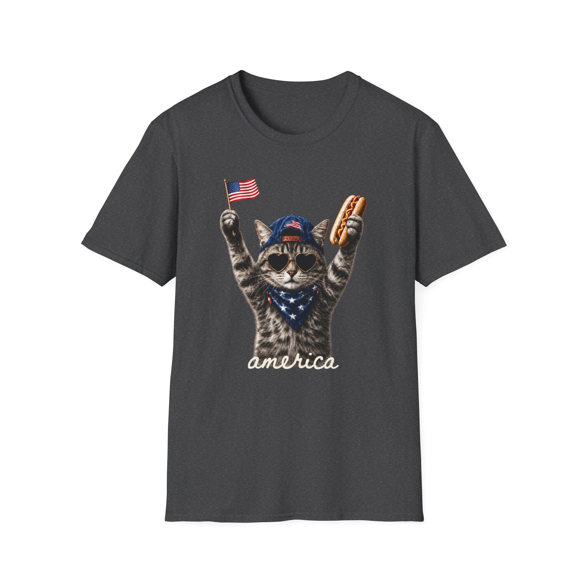 America Cat T-Shirt – Patriotic Kitty with Flag & Hot Dog