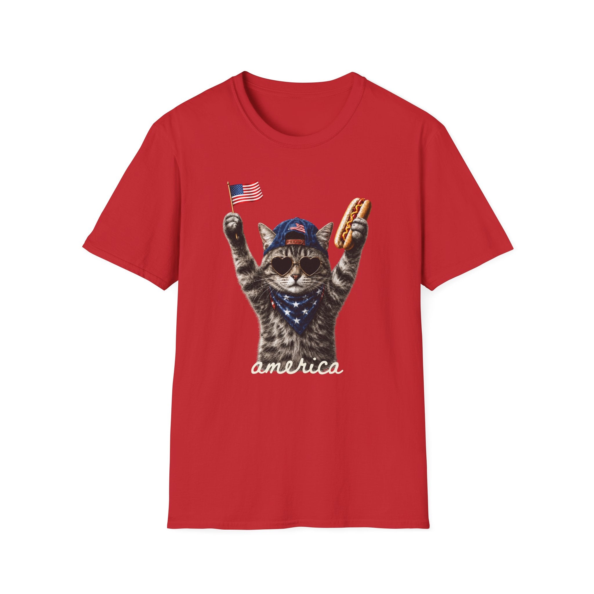 America Cat T-Shirt – Patriotic Kitty with Flag & Hot Dog