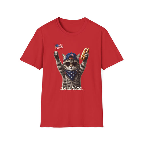 America Cat T-Shirt – Patriotic Kitty with Flag & Hot Dog